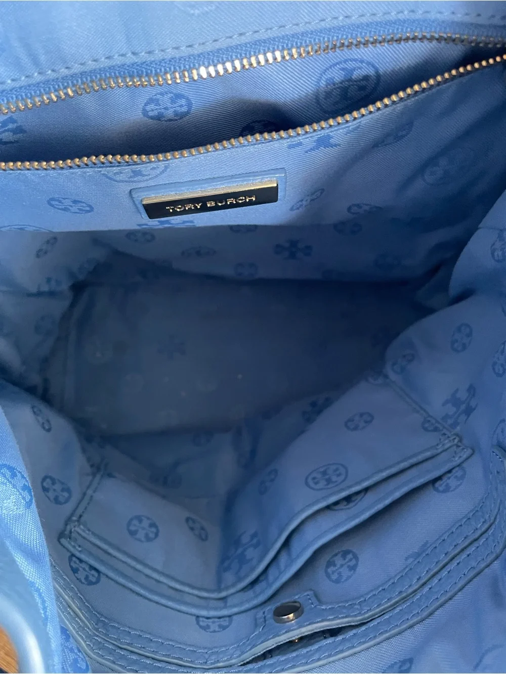Tory Burch Sky Blue Pebbled Leather Drawstring Backpack